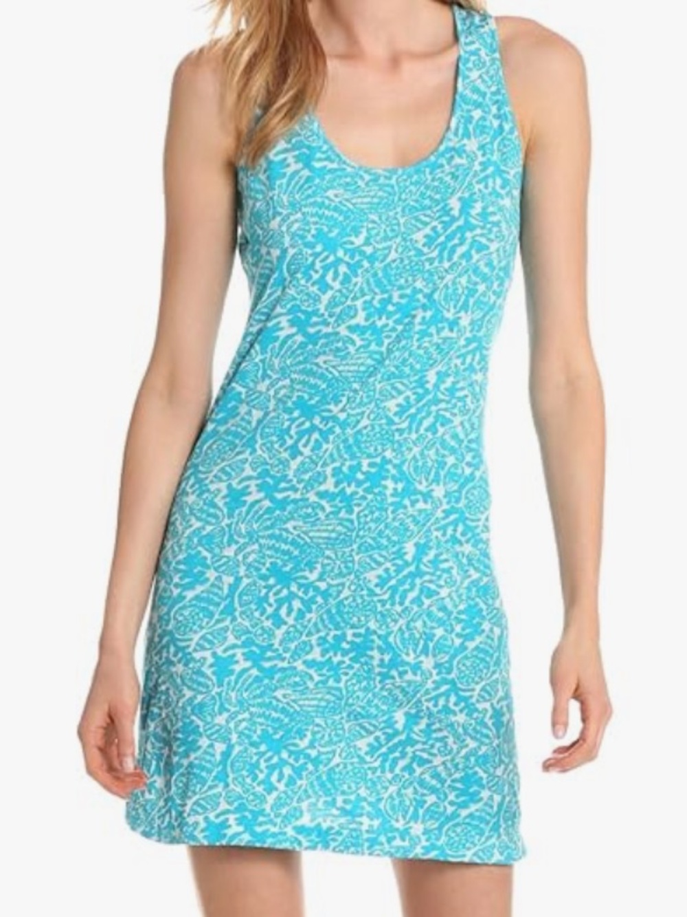 Lilly Pulitzer Dress Womens M Blue Floral Tank Racerback Cotton Jersey Beach